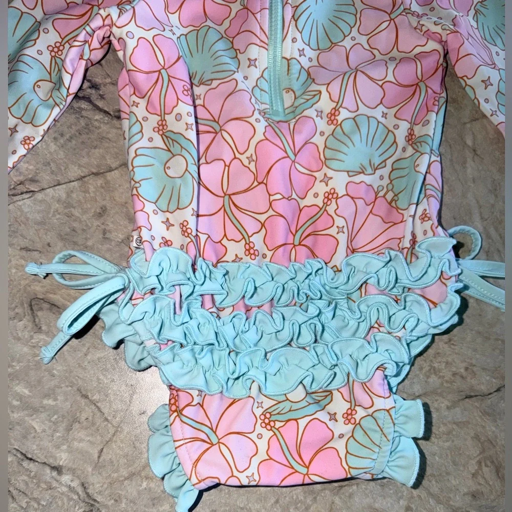 Caden Lane Pink & Mint Seashell Rashguard Swimsuit with Sun Hat